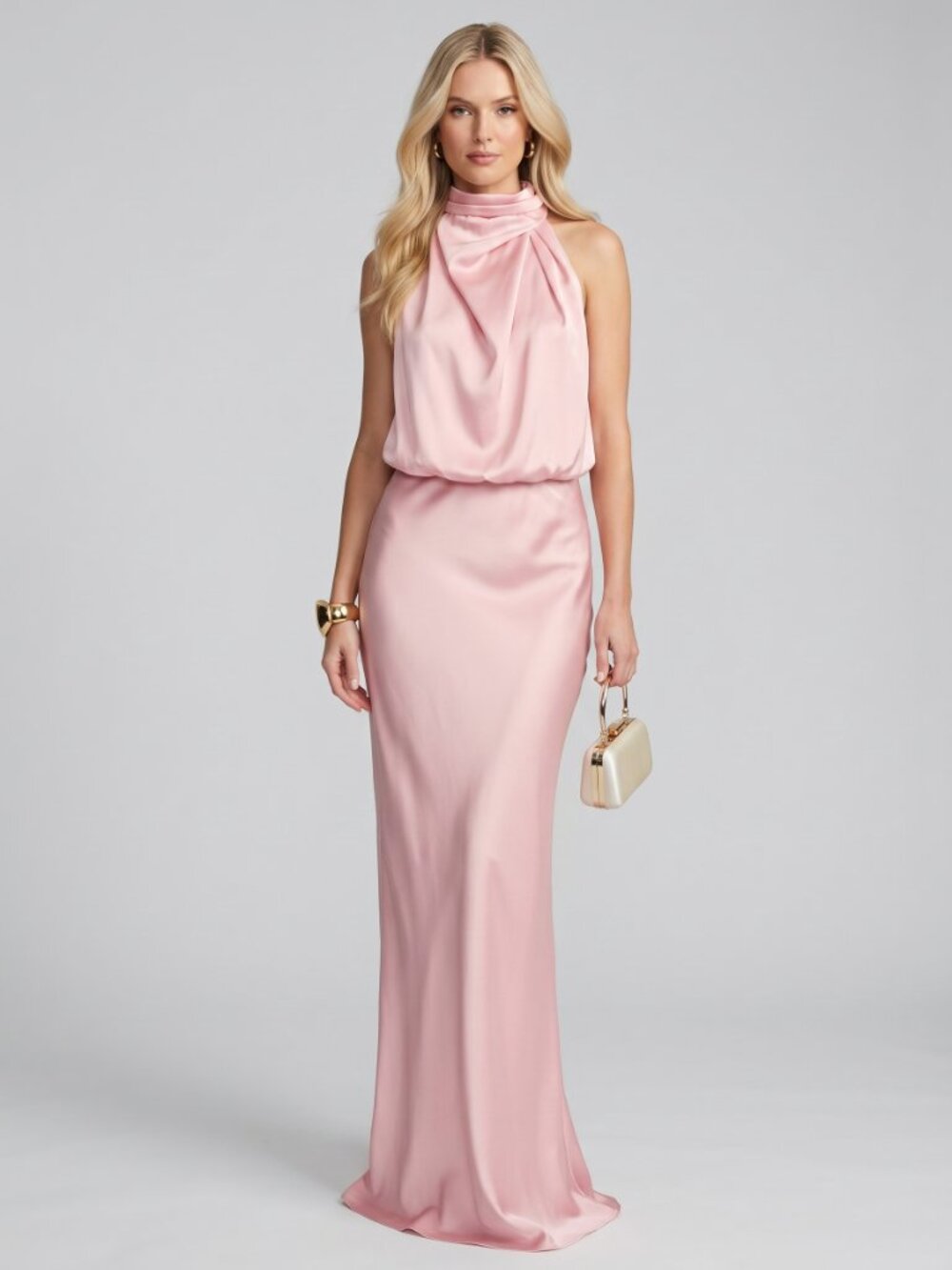 Women's Pink Satin Maxi Dress Asymmetric Neck Formal Wedding Guest Gown